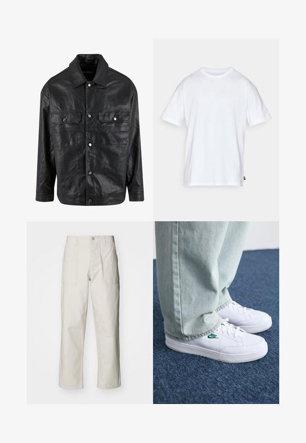 Svart läderjacka med knappstängning, två bröstfickor och spetsig krage, med en slät yta och minimalistisk design.; Vit bomull t-shirt med korta ärmar och rund hals. Har en liten, diskret Nike-logotyp på bröstet och en sidetikett.; Ljusbeige vida byxor i bomull. Har framfickor och knappstängning. Slät textur med subtila vertikala linjer.; Vita lädersneakers med grön Nike-logga, rund tå, platt sula, kombinerade med ljusblå denimbyxor, visade på en blå matta.