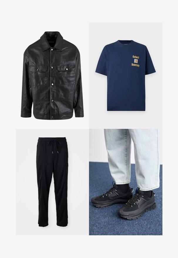 Čierna kožená bunda s gombíkovým zapínaním, dvoma náprsními vreckami a špicatým golierom, s hladkou textúrou a minimalistickým dizajnom.; Námornícky modré bavlnené tričko s krátkymi rukávmi, s vyšívaným zlatým textom "Carhartt University" a nášivkou loga na ľavom prsníku.; Čierne voľné nohavice na gumičku v páse s bočnými vreckami a rovnými nohavicami na jednoduchom pozadí.; Čierne športové topánky s textúrovanou tkaninou a gumovou podrážkou, so elastickými šnúrkami a modrým akcentom na päte. Nosia sa s svetlými riflami.