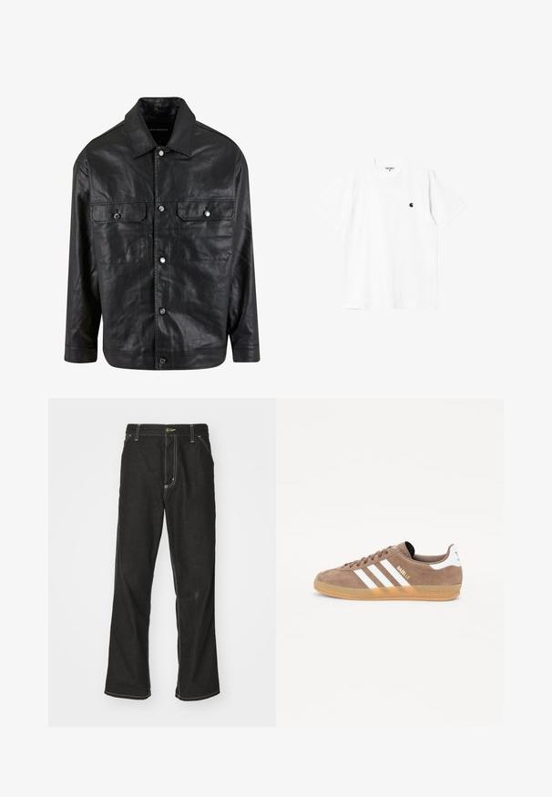 Juodas odinis švarkas su mygtukų uždarymu, dviem krūtinės kišenėmis ir smailiu apykakle, turintis lygų paviršių ir minimalistinį dizainą.; Balta medvilninė marškinėliai su trumpomis rankovėmis, apvaliu kaklu ir mažuoju juodu logotipu kairėje krūtinės pusėje. Minkšta tekstūra ir standartinė forma.; Juodi džinsai su laisvu siluetu, turintys kontrastingas balto siūlo siūles, mygtuko uždarymą ir tiesų kojos dizainą.; Rudi zomšiniai sportbačiai su trimis baltais brūkšneliais, auksiniu "Gazelle" logotipu ir guminiu padu. Turi paminkštintą liežuvį ir kulną komfortui.