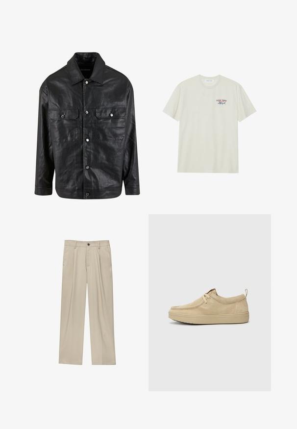 Giacca di pelle nera con chiusura a bottoni, due tasche sul petto e colletto a punta, dal design minimalista e dalla superficie liscia.; T-shirt in cotone crema chiaro con maniche corte. Presenta una piccola grafica blu e rossa di un marlin e il testo "MARLIN TROPHY".; Pantaloni beige a taglio dritto, con un solo bottone nero, passanti per la cintura e tasche laterali. Tessuto dalla texture liscia e design minimale.; Scarpe slip-on in suede beige con punta rotonda, cuciture minime e suola in gomma. Texture morbida con un sottile accento del marchio nel tallone.