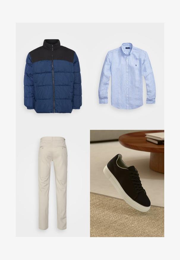 Vatteret jakke i marineblå med et sort overpanel. Har en høj krave, lynlås foran og elastiske manchetter. Glat, let materiale.; Blå og hvid stribet langærmet skjorte lavet af bomuld, med knap-ned krave, frontknapper og et lille broderet logo på brystet.; Beige bukser med en glat overflade, lige snit, to baglommer med knapper og en standard talje.; Sort sneaker med hvid sål svævende over en beige tekstureret tæppe nær et rundt trætabel med stablede bøger.