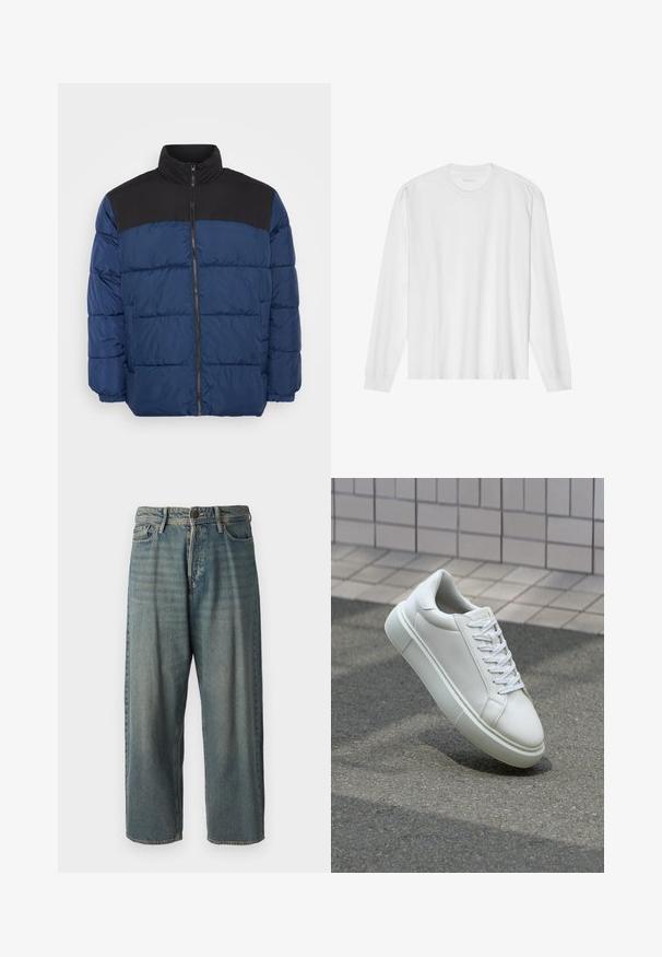 Padded jacket v námořnické modři s černým horním panelem. Obsahuje vysoký límec, zip vpředu a elastické manžety. Hladký, lehký materiál.; Bílá bavlněná trička s dlouhými rukávy, kulatým výstřihem a žebrovanými manžetami. Jednoduchý, nezdobený design, s hladkou strukturou a standardním střihem.; Světle modré denimové džíny s volným střihem, středně vysokým pasem a rovnými nohavicemi. Obsahují pět kapes, poutka na opasek a zapínání na knoflík.; Bílé kožené tenisky s hladkým povrchem, kulatou špičkou a plochými bílými tkaničkami. Disponují texturovanou gumovou podrážkou a minimálními designovými prvky.