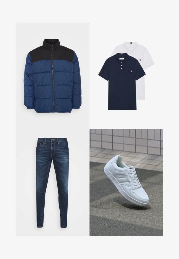 Padded jacket in navy blue with a black upper panel. Features a high collar, zip front, and elastic cuffs. Smooth, lightweight material.; Two polo shirts: one navy blue and one white, both with a small red, white, and blue accent on the chest pocket and collar.; Dark blue denim jeans with a slim fit, subtle fade, five pockets, and a metal button closure. Stitched accents in contrasting color.; White athletic sneaker with smooth leather upper, lace-up front, perforated toe, and patterned sole. Minimalist design with three side stripes.