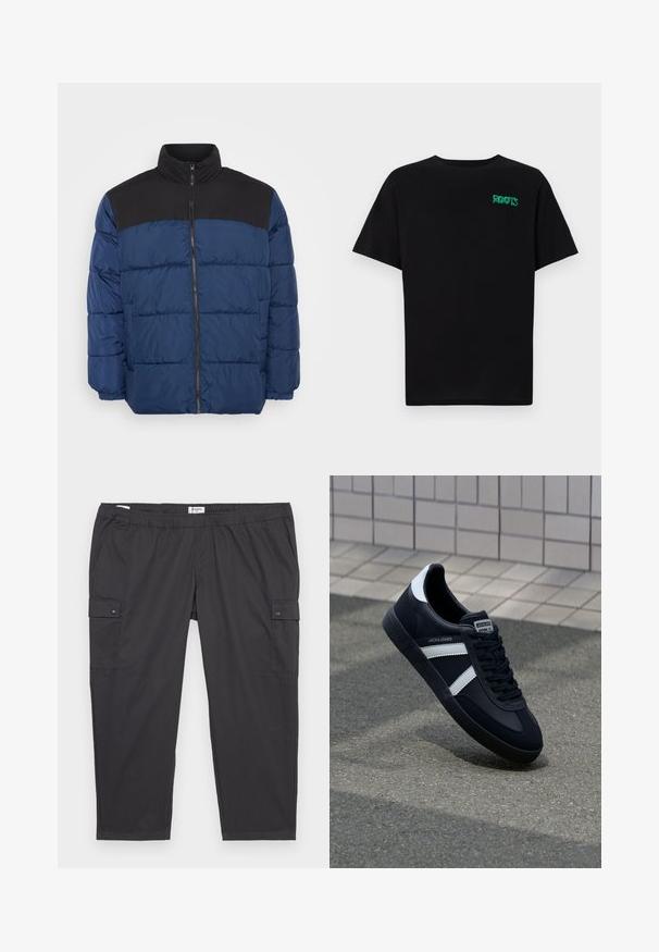 Giacca imbottita di colore blu navy con un pannello superiore nero. Presenta un colletto alto, chiusura a zip e polsini elastici. Materiale liscio e leggero.; T-shirt nera in cotone con maniche corte. Presenta un logo verde "ROOTS" sulla parte frontale, colletto rotondo e vestibilità standard.; Pantaloni cargo neri con vita elasticizzata, tasche laterali e dettagli con bottoni a pressione. Realizzati in tessuto leggero e liscio.; Sneaker neri in pelle con strisce bianche, suola in gomma texturizzata e allacciatura frontale. Presenta un'etichetta con il marchio sulla linguetta.