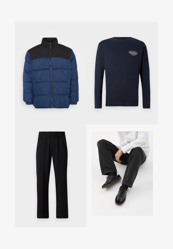 Gevoerde jas in marineblauw met een zwart bovenpaneel. Voorzien van een hoge kraag, ritssluiting aan de voorkant en elastische manchetten. Glad, lichtgewicht materiaal.; Navyblauw langemouwen T-shirt met ronde hals en een klein wit "Jack & Jones Coll. Studio" logo op de linkerborst.; Zwarte, elastische broek met rechte pijpen, met een gladde textuur en zonder zichtbare patronen of hardware.; Zwarte sneakers met een glad en textuur detail, voorzien van een rubberen zool en donkere veters. Gecombineerd met zwarte jeans en een wit gestreept shirt.