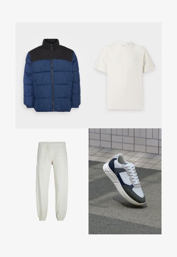 Padded Jacke in Navyblau mit schwarzem Oberteil. Verfügt über einen hohen Kragen, einen Reißverschluss vorne und elastische Bündchen. Glattes, leichtes Material.; Weißes T-Shirt mit kurzen Ärmeln in gerippter Textur. Runder Ausschnitt, lockere Passform, keine sichtbaren Muster oder Akzente. Einfaches und vielseitiges Design.; Weiße Jogginghose aus weichem Stoff, mit elastischem Bund und Säumen, einer glatten Textur und lockerem Schnitt.; Weißer, marineblauer und grauer Sneaker mit einem Materialmix-Design, das ein strukturiertes Obermaterial, flache Schnürsenkel und eine gepolsterte Sohle aufweist.