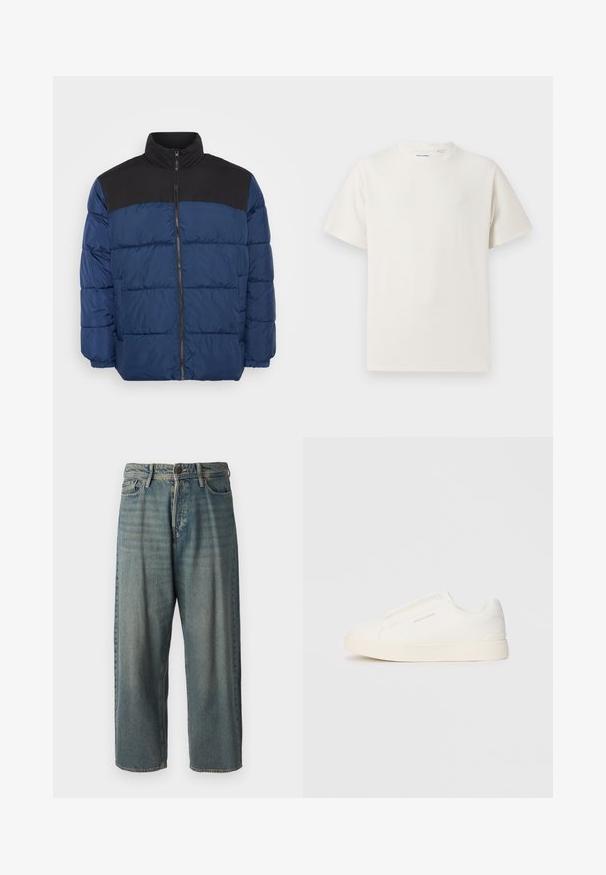 Padded jacket v námořnické modři s černým horním panelem. Obsahuje vysoký límec, zip vpředu a elastické manžety. Hladký, lehký materiál.; Bílý krátký rukáv tričko s pružnou strukturou. Kulatý výstřih, volný střih, bez viditelných vzorů nebo detailů. Jednoduchý a univerzální design.; Světle modré denimové džíny s volným střihem, středně vysokým pasem a rovnými nohavicemi. Obsahují pět kapes, poutka na opasek a zapínání na knoflík.; Bílé slip-on tenisky s texturovaným povrchem, silnou podešví a minimalistickým designem. Na boku je umístěno logo značky.