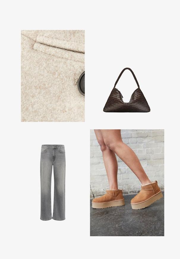 Beige uldstof med en blød tekstur, som har en sort knap og en syet lomme. Delikate farveflekker synlige i materialet.; Lys grå strikket langærmet sweater med ribbet kant og manchetter, med en V-hals og afslappet pasform.; Hvid kortærmet t-shirt lavet af bomuld. Har en rund halsudskæring og en afslappet pasform. Glat tekstur uden synlige mønstre eller detaljer.; Vide ben jeans i grå denim, med høj talje, fem lommer, lukning med knap foran og subtilt slid på stoffet.; Brune ruskinds ankelsko med en blød foring, tyk beige plattformsål og en bageste løkke. Tekstureret overflade med synlige sømdetaljer.; Mørkebrun trekantet håndvævet læderhåndtaske med en enkelt flettet hank og synlig lynlåstrækker på den ene side.