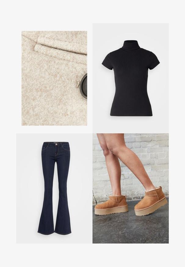 Beige woolen fabric with a soft texture, featuring a black button and a stitched pocket. Subtle flecks of color visible in the material.; Black, short-sleeved turtleneck top made of ribbed fabric, featuring a slim fit and a high collar design. Simple and textured pattern.; Dark denim flared jeans with a fitted waist, featuring a front button closure, five-pocket design, and seam detailing along the legs.; Brown suede ankle boots with a plush lining, thick beige platform sole, and a rear pull tab. Textured surface with visible stitching details.