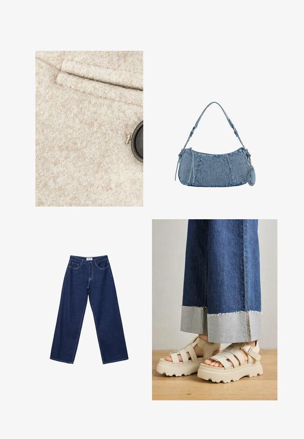 Beige villa kangasta, jolla on pehmeä rakenne, mustalla napilla ja ommellulla taskulla. Materiaalissa näkyy hienovaraisia väriläiskiä.; Valkoinen pitkähihais t-paita ribbikankaasta, jossa on pyöreä kaula-aukko ja suora helma. Yksinkertainen, yhtenäinen muotoilu.; Tumma sininen farkut, joissa on leveät lahkeet, nappikiinnitys, viisi taskua ja kontrastivalkoiset tikkaukset. Kankaan pinta on sileä, hieman teksturoitu.; Beige platform-sandaalit paksuilla pohjilla, joissa on hihnallinen muotoilu ja säädettävät nilkkahihnat. Yhdistettyinä leveälahkeisiin farkkuihin, joiden yksi helma on revitty.; Denim-käsilaukku, jossa on kaareva muoto, vaaleansininen väri, säädettävä olkahihna ja pieni irrotettava pussukka metallikoristeilla.