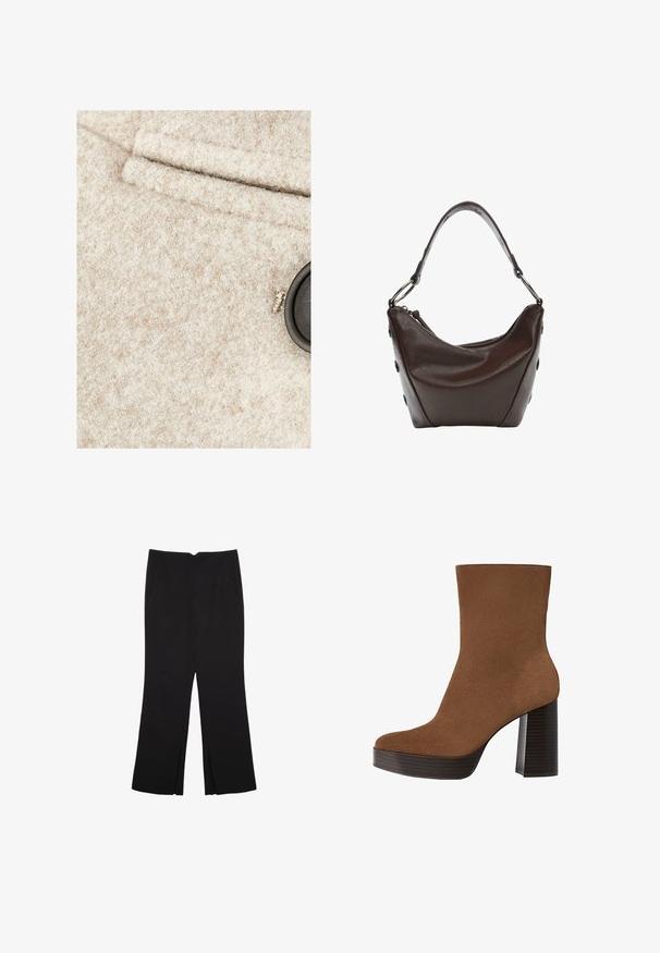 Beige wollen stof met een zachte textuur, voorzien van een zwarte knop en een gestikte zak. Subtiele vlekken van kleur zichtbaar in het materiaal.; Zwarte lange mouwen cropped top met ronde halslijn, eenvoudige ontwerp en een licht gebogen zoom.; Zwarte broek met een rechte pasvorm, voorzien van zijzakken en plooien aan de onderzijde. Gemaakt van zachte, gladde stof. Geschikt voor verschillende gelegenheden.; Bruine suede enkellaars met een ronde neus, chunky zwarte gestreepte hak en een glad oppervlak. Heeft een fitted ontwerp zonder zichtbare hardware.; Donkerbruine leren handtas met een gebogen vorm, ritsluiting en een korte handgreep. Voorzien van metalen hardware en decoratieve zwarte knopen aan de zijkant.