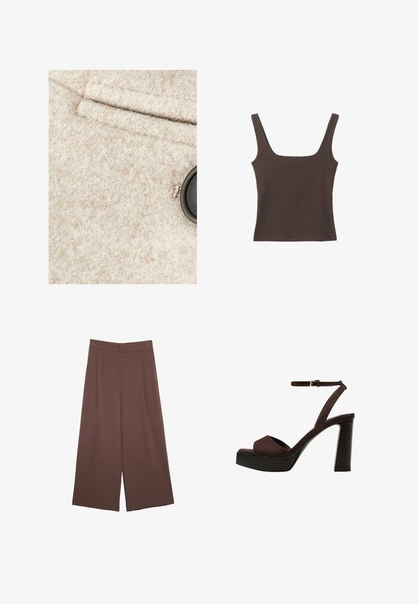 Beżowa wełniana tkanina o miękkiej fakturze, z czarnym guzikiem i przeszytą kieszenią. Subtelne plamki koloru widoczne w materiale.; Brązowa bezrękawnikowa bluzka o kwadratowym dekolcie, wykonana z miękkiego, elastycznego materiału. Posiada dopasowany krój i płaskie szwy.; Brązowe spodnie o szerokich nogawkach z gładką fakturą, z wysokim stanem i plisami z przodu. Materiał jest lekki i luźno opada.; Brązowe zamszowe sandały na wysokim obcasie z odkrytymi palcami, regulowanym paskiem na kostce i paskowatą podeszwą.
