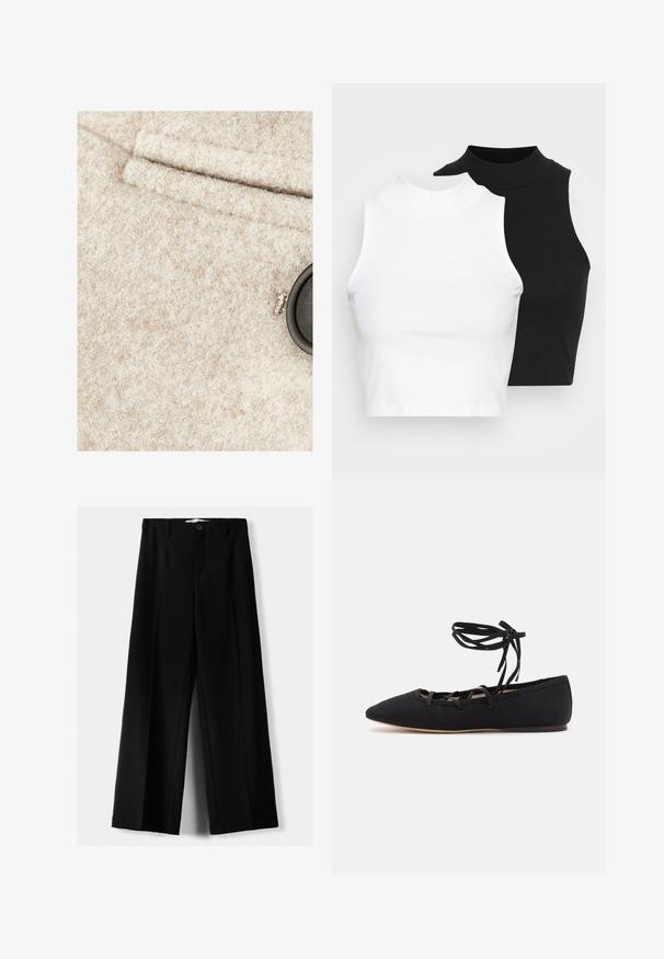 Tissu en laine beige au toucher doux, avec un bouton noir et une poche cousue. De légers éclats de couleur visibles dans le matériau.; Deux hauts sans manches en maille côtelée, en noir et blanc, dotés d'un design ajusté et d'une texture lisse, avec une longueur courte.; Pantalons larges noirs en tissu léger, avec une fermeture à bouton à l'avant et un devant plat, dotés d'ourlets soigneusement cousus.; Loeffler Randall LOUISA LACE UP BALLET FLAT - Babies - black