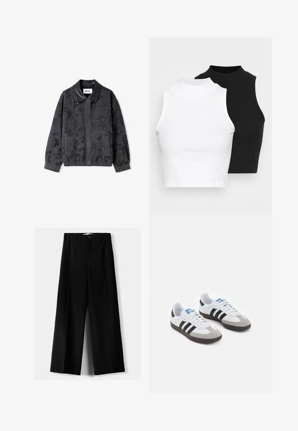 Giacca di jeans nera con colletto in pelle, motivo floreale, vita elasticizzata e due tasche laterali. Il tessuto testurizzato conferisce profondità.; Due top in maglia senza maniche, a collo alto, in nero e bianco, con un design aderente e una superficie liscia, di lunghezza cropped.; Pantaloni neri a gamba larga realizzati in tessuto leggero, caratterizzati da una chiusura frontale con bottone e frontale piatto, con orli cuciti con precisione.; Scarpe sportive con tomaia in pelle bianca, punta in suede grigia e tre strisce nere. Presentano un logo blu sulla linguetta e una suola in gomma testurizzata.