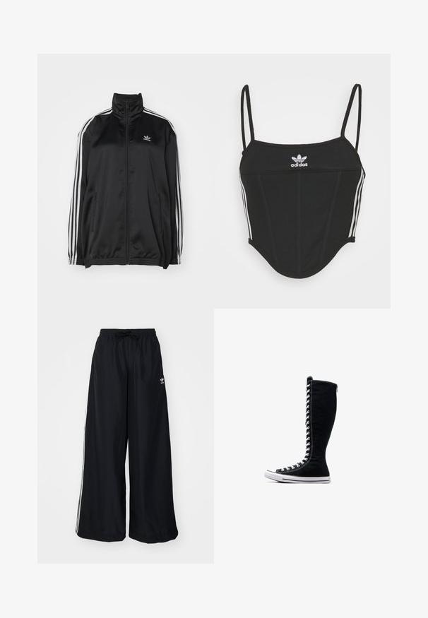 Sort lynlåsjakke lavet af glat, let materiale. Har hvide horisontale striber på ærmerne og et lille logo på brystet.; Sort ribbet crop top med justerbare tynde stropper, der har tre hvide striber på siderne og et lille hvidt Adidas-logo i midten.; Sorte vide bukser lavet af letvægtsstof. Har en elastisk talje med snøre og hvide sidelister. Brandlogo på hoften.; Sorte høje sneakers med et højt design, lavet af kanvas. Har hvide snørebånd, syninger og en gummisål med en tåhætte.