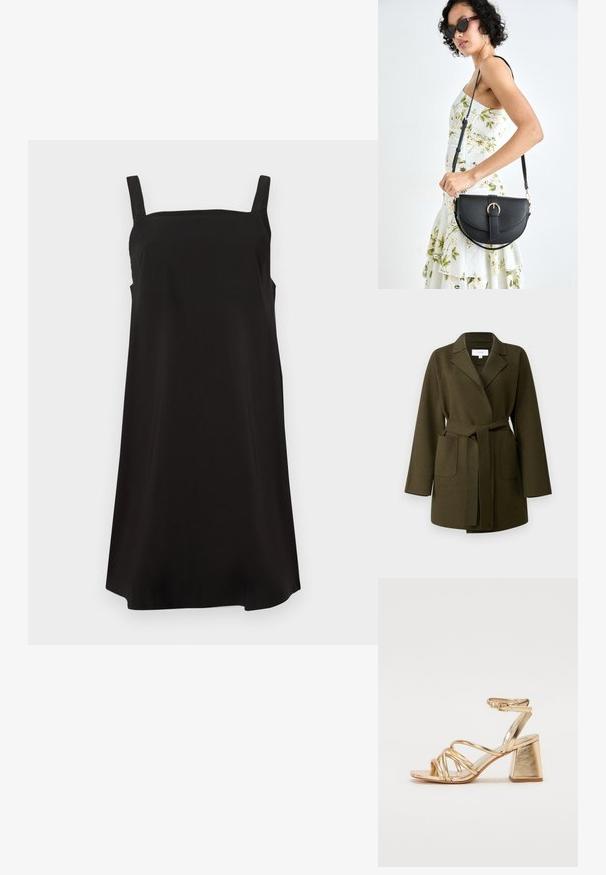 VILA VIJUICE BELT JACKET - Klasičan kaput - four leaf clover; Crna bezrukavna haljina sa kvadratnim dekolteom, izrađena od glatkog materijala, s opuštenim krojem i ravnim rezom. Nema vidljivih uzoraka ili dodataka.; Zlatne metalik sandale s potpeticom koje imaju dizajn s trakama, kvadratnu blok potpeticu i podesivu naramenicu s kopčom. Glatka tekstura.; Crna kožna torba s lukovitim oblikom, odvojivim remenom i zlatnim detaljima. Torba ima preklop s kopčom.