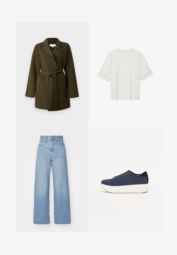 VILA VIJUICE BELT JACKET - Klassikaline mantel - four leaf clover; Valge lühikese varrukaga T-särk, mis on valmistatud puuvillast, kaunistatud pitsiga varrukate ääres ja ümmarguse kaelusega.; Heledad sinine kõrge vöökohaga laiad teksad, ees nupp ja tõmblukk, ees ja taga taskud, valge tausta peal.; Tumedat sinised tennised tekstureeritud riidest pealispinnaga, valge platvormi tallaga, ümarate varvaste ja musta kontsapaneeliga. Omab kuut silma paelte jaoks.