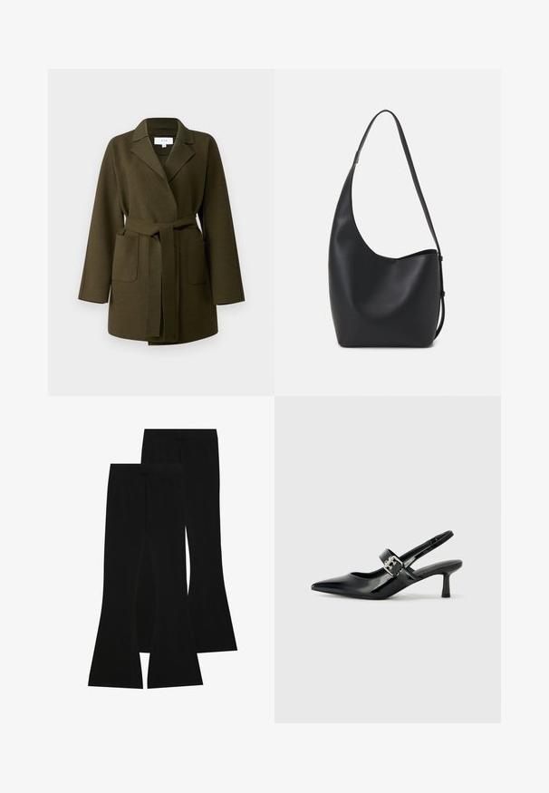 VILA VIJUICE BELT JACKET - Klasični plašč - four leaf clover; Črna bombažna majica s kratkimi rokavi, ki ima majhen roza metuljček na levi strani prsnega dela. Majica s krožnim ovratnikom in sproščenim krojem.; Črne razširjene hlače iz elastičnega materiala, z visokim pasom in gladko teksturo, prilegajočega dizajna, ki se razširijo od kolena naprej.; Črne patent usnjene slingback pete s koničastim nosom in majhnim blok peto, ki vključujejo srebrno zaponko na traku.; Črna usnjena hobo torba z gladko teksturo, ukrivljeno obliko in eno nastavljivo naramnico; ima širok odprtina na vrhu.