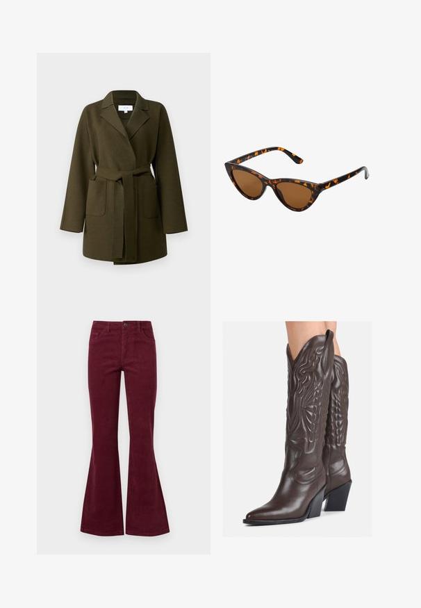 VILA VIJUICE BELT JACKET - Klassikaline mantel - four leaf clover; Valge ilma varrukateta T-särk, mis on valmistatud ribakangast, ümarate kaelustega ja kitseneva siluetiga, minimaalse õmbluste ning ilma kaunistusteta.; Burgundi värvi corduroy flared jeans'ide viiel taskul on ees nööpkinne ja tekstureeritud kangas. Flarid laienevad põlvest allapoole.; Pruunid nahast cowboy saapad terava varbaga ja plokk-kandaga, millel on detailne tikand ja kergelt tõstetud aktsendid varrel.; Kassi vormiga prillid musta ja oranži kilpkonnakujulise raami, pruunide läätsede ja elegantsete teravate otstega. Templi juures on minimaalne logo.; Väike kreemjas käekott tekstureeritud viimistlusega, pikendatav rihm, ketiläbimõõt ja klapiga sulgemine. Kuldsed metalldetailid.