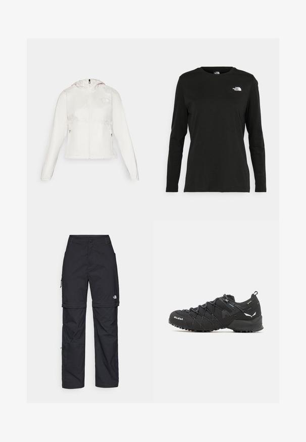 Giacca leggera bianca con zip frontale, cappuccio e polsini elasticizzati. Presenta tasche laterali con zip e un logo sul lato sinistro del petto.; T-shirt nera a maniche lunghe in cotone con colletto rotondo. Presenta un piccolo logo bianco sul lato sinistro del petto. Design semplice e vestibilità comoda.; Pantaloni cargo in nylon nero con zip rimovibile, polsini regolabili, molteplici tasche e un logo sulla gamba destra. Tessuto liscio e leggero.; Scarpe da trekking nere con tomaia in tessuto testurizzato, sistema di allacciatura e suola in gomma robusta. Accentuate da dettagli riflettenti e loghi.