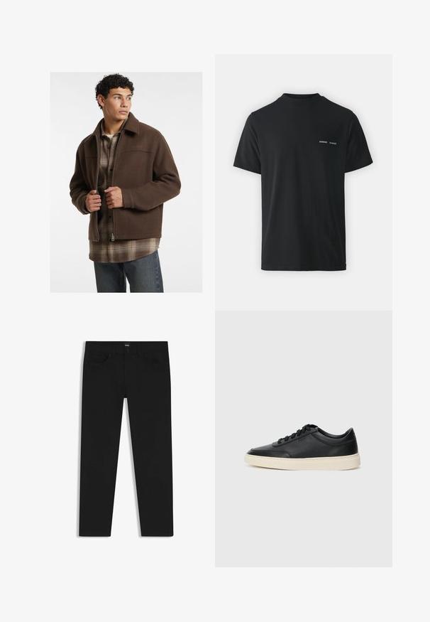 Guess Jeans - Kurtka przejściowa; Czarna bawełniana koszulka z klasycznym okrągłym dekoltem, krótkimi rękawami oraz dwoma małymi białymi logo "SAMSØE" na lewej piersi.; Czarne dżinsy o prostym kroju, z klasycznym paskiem, pięcioma kieszeniami i zapięciem na guzik. Gładka faktura na całej powierzchni.; Czarne niskie skórzane sneakersy z czarnymi sznurówkami i off-white podeszwą, prezentowane w profilu bocznym na białym tle.