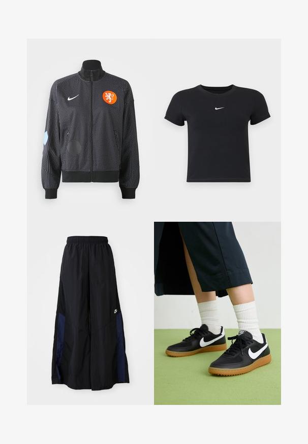 Mustat vetoketjulliset takki, jossa on valkoisia pistekuvioita, oranssi leijonavaakuna ja erilaisia sinisiä ja mustia paikkoja hihoissa. Valmistettu sileästä kankaasta.; Mustat lyhyet hihattomat t-paidat, jotka on valmistettu puuvillasta ja joissa on pyöreä pääntie. Sisältää valkoisen Nike-logon rinnassa, yksinkertainen muotoilu ja kapea leikkaus.; Musta leveälahkeinen housu, joka on valmistettu kevyestä kankaasta. Housuissa on tummansininen sivupaneeli ja joustava vyötärö. Alhaalla on pieni valkoinen logo.; Mustat nahka- ja synteettiset urheilukengät, joissa on valkoinen Nike-merkki, kuminen pohja, pyöreä kärki ja mustat nauhat. Raitapintaiset valkoiset sukat näkyvissä.