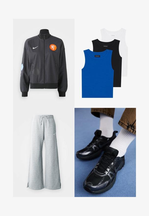 Zwarte zip-up jack met een wit stippenpatroon, oranje leeuwenkreet en verschillende blauwe en zwarte patches op de mouwen. Gemaakt van stof met een zachte textuur.; Drie mouwloze shirts in blauw, zwart en wit. De stof is ribbelstof met een ronde hals. Elk shirt heeft een label met de tekst "even&odd."; Lichtgrijze sweatpants van zacht materiaal, met een trekkoord in de taille, brede pijpen en zijsplitten. Nike-logo subtiel weergegeven.; Zwarte Nike sportschoenen met een mesh bovenkant en glanzende accenten, zwarte veters en een gestructureerde zool. In combinatie met witte geribde sokken.