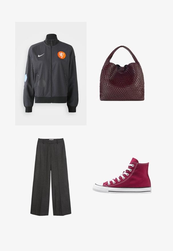 Schwarze Zip-Jacke mit weißem Punktemuster, orangefarbenem Löwenwappen und verschiedenen blauen und schwarzen Patches an den Ärmeln. Hergestellt aus einem Stoff mit glatter Textur.; Graues, kurzärmliges T-Shirt aus weichem, strukturiertem Stoff; verfügt über einen klassischen Rundhalsausschnitt und eine lockere Passform ohne Muster oder Logos.; Weite Hose aus dunkelgrauem Stoff. Verfügt über einen maßgeschneiderten Bund mit Gürtelschlaufen, glatter Textur und minimalen Nähakzenten.; Hochschuh-Sneakers aus burgunderfarbenem Canvas mit weißen Schnürsenkeln, Gummikappe und schwarzem Streifen entlang der Sohle. Texturierte Nähte betonen das Design.; Geflochtene burgunderfarbene Handtasche mit runder Form und einem einzelnen Griff, die über eine strukturierte Oberfläche und einen elastischen Kordelzugverschluss verfügt.