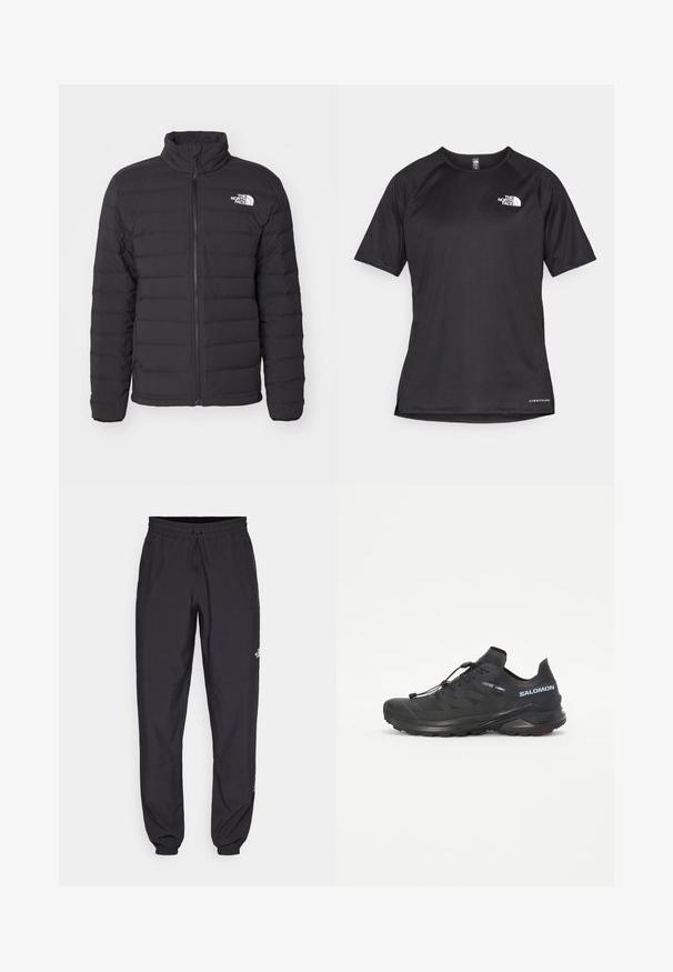 Black insulated jacket with a high collar, horizontal stitching, front zipper, and a small white logo on the left shoulder.; Black short-sleeve athletic shirt with a textured fabric, featuring a white logo on the left chest and a straight hem.; Black athletic pants made from lightweight fabric, featuring a drawstring waistband, side pockets, and tapered cuffs at the ankles.; Black trail running shoe with a textured upper, elastic laces, and Contagrip outsole. Features a snug fit and protective toe cap.
