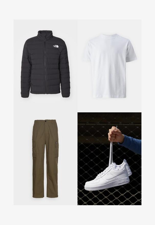 Zwarte geïsoleerde jas met een hoge kraag, horizontale stiksels, een ritssluiting aan de voorkant en een klein wit logo op de linkerschouder.; Witte korte mouwen t-shirt van katoen, met een ronde hals en een zachte textuur, met een rechte snit en zonder patronen.; Olijfgroene cargobroek, gemaakt van duurzaam stof. Beschikt over twee zijzakken, een standaard taille en een rechte pijp.; Witte leren sneakers met perforaties, ronde neus, vlakke zool en dikke veters, met een zichtbare swoosh-logo en "AIR" op de hiel.