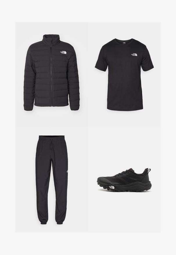 Svart isolert jakke med høy krage, horisontal søm, glidelås foran, og en liten hvit logo på venstre skulder.; Svart kortermet t-skjorte laget av bomull, med rund hals og en liten hvit logo på øvre venstre brystområde.; Sorte idrettsbukser laget av lett stoff, med snor i livet, sidelommer og smale mansjetter ved anklene.; Svart terrengløpesko med teksturert overdel, gummisåle og forsterket tåhette. Har polstret krage og løftestropp for enkel påkledning.