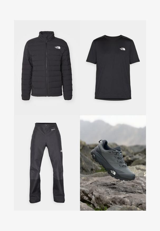 Zwarte geïsoleerde jas met een hoge kraag, horizontale stiksels, een ritssluiting aan de voorkant en een klein wit logo op de linkerschouder.; Zwarte T-shirt met korte mouwen, gemaakt van lichtgewicht stof. Bevat een klein wit logo op de linkerborst en verfijnde schouderaccenten.; Zwarte waterdichte broek met een gladde textuur, voorzien van een GORE-TEX-logo op de voorkant en verstevigde onderbenen voor duurzaamheid.; Grijze trailrun-schoen met een gestructureerde bovenkant, duurzame rubbersole en versterkte neuskap. Voorzien van veters en een merkimprint aan de zijkant.