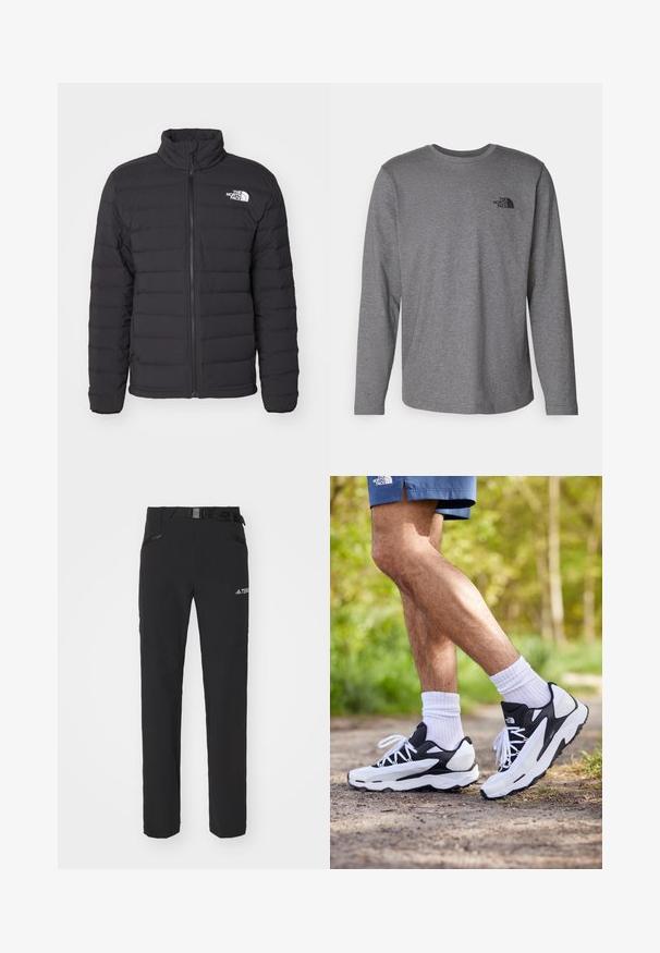Veste noire isolée avec un col haut, des coutures horizontales, une fermeture éclair sur le devant et un petit logo blanc sur l'épaule gauche.; The North Face M L/S SIMPLE DOME TEE - T-shirt à manches longues - medium grey heather; Pantalons d'extérieur noirs en tissu lisse, avec poches latérales zippées, sections de genoux renforcées et une taille ajustable avec boucle.; Chaussures de sport noir et blanc avec une tige en mesh, des accents texturés et des lacets blancs. Portées avec des chaussettes blanches et des shorts navy sur un chemin.