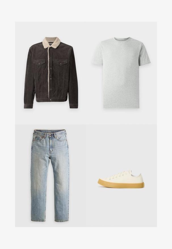 Donkergrijze corduroy jas met een crèmekleurige nepbont kraag, voorzien van twee borstzakken en metalen drukknoopsluitingen aan de voorkant. Getextureerde stof met verticale lijnen.; Effen lichtgrijze T-shirt met korte mouwen en ronde hals, weergegeven op een witte achtergrond, frontaanzicht zonder zichtbare logo's of ontwerpen.; Lichtblauwe denim jeans met hoge taille, frontknop, rits en vijfzakkenontwerp, plat gelegd op een neutrale achtergrond.; Canvas sneakers in off-white met een ronde neus, voorzien van beige rubberen zolen en vijf oogjes voor veters, met een gestructureerde afwerking op de bovenkant.