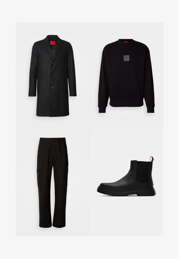 Casaco de lã preto com um corte ajustado, lapela recortada, fechamento de três botões e bolsos laterais. Interior forrado com uma etiqueta de marca.; Sweatshirt preto com mangas longas, gola redonda, um logótipo cinza em forma de quadrado na frente, textura suave e punhos e barra canelados.; Calças cargo pretas em algodão com um corte relaxado, apresentando bolsos laterais, fecho com botão e perna reta. Design simples sem padrões.; Botim preto até ao tornozelo com um acabamento liso, painéis laterais elásticos e uma pega vermelha em contraste, com uma sola de borracha espessa e bico arredondado.