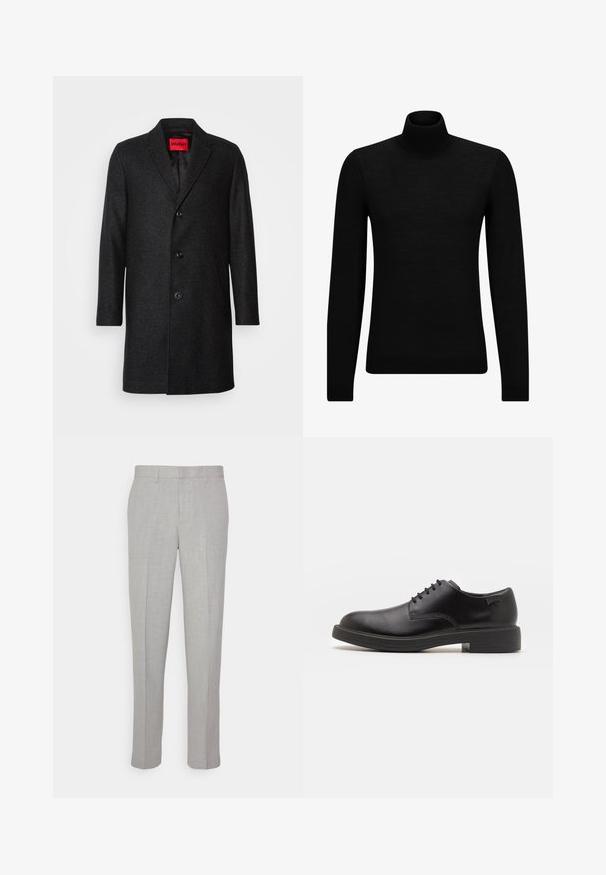 Cappotto nero in lana con vestibilità su misura, rever a punta, chiusura con tre bottoni e tasche laterali. Interno foderato con etichetta del marchio.; Maglione a collo alto nero realizzato in materiale morbido, con maniche lunghe e vestibilità aderente. Bordo a coste all'orlo e ai polsini. Design semplice.; Pantaloni grigi chiari con una texture liscia, frontale piatto e gambe dritte. Realizzati in tessuto traspirante, dotati di tasche interne e passanti per cintura.; Scarpa nera in pelle con lacci, punta tonda, texture liscia, cuciture minime e tacco in gomma basso. Logo sul tacco.