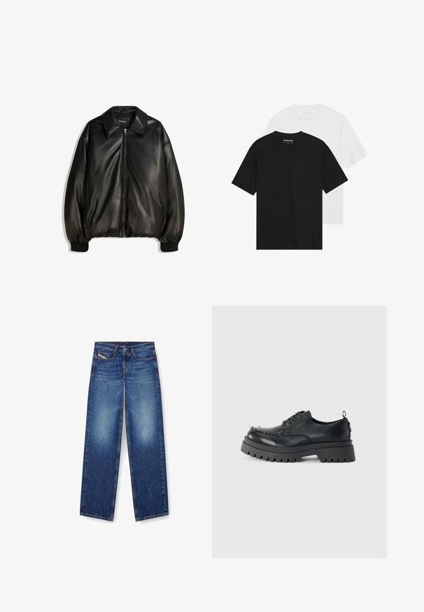 Crna kožna jakna s patentnim zatvaračem, velikim ovratnikom, rebrastim manžetama i opuštenim krojem. Glatka tekstura s minimalnim detaljima.; Dva majice, jedna crna i jedna bijela, s kratkim rukavima, okruglim izrezima i glatkom pamučnom teksturom. Vidljiva oznaka branda unutra.; Plave traperice s ravnim nogavicama, koje imaju prednje džepove i patentni zatvarač. Izblijedjela područja na bedrima poboljšavaju teksturu.; Crne masivne kožne cipele s vezicama, s debelim robusnim potplatom i metalnim očicama u prednjem dijelu, fotografirane na jednobojnoj svijetloj pozadini.