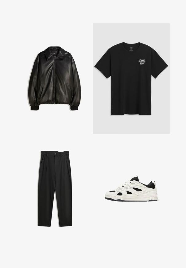 Zwarte leren jas met een ritssluiting aan de voorkant, grote kraag, geribbelde manchetten en een losse pasvorm. Glad textuur met minimale details.; Zwarte katoenen t-shirt met een borstprint waarop "HUISPLANTEN" staat in witte stijlvolle letters met daaronder "Levi's". Klassieke ronde hals.; Zwarte katoenen broeken met een losse pasvorm, voorzien van een klassieke tailleband, voorplooien en zijzakken. Gladde structuur zonder patronen.; Witte en zwarte sportschoenen met een gestructureerde zool, voorzien van uitsnijdingen aan de zijkanten en veters, en een gevoerde achterkant voor ondersteuning.