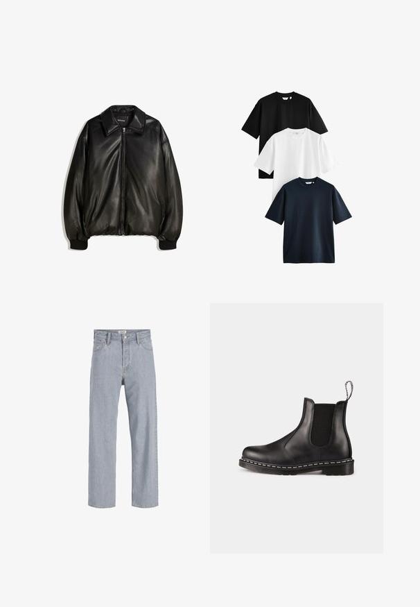 Černá kožená bunda s předním zipem, velkým límcem, žebrovanými manžetami a volným střihem. Hladká textura s minimálním zdobením.; Tři trička s krátkým rukávem, naskládaná na sobě: jedno černé, jedno bílé a jedno námořnické modré. Vyrobená z bavlny, s kulatým výstřihem a volným střihem.; Světlé modré denimové džíny s uvolněným střihem, rovnými nohavicemi, viditelným šitím, dvěma předními kapsami a zapínáním na knoflík.; Černé kožené Chelsea boty s elastickými bočními panely, zaoblenou špičkou, poutkem na patě, bílým švem na podrážce a texturovanou gumovou podrážkou.