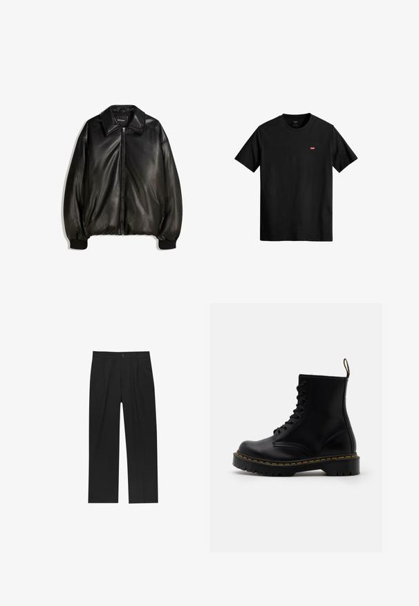 Czarna skórzana kurtka z zamkiem z przodu, dużym kołnierzem, prążkowanymi mankietami oraz luźnym krojem. Gładka faktura z minimalnym zdobieniem.; Czarny bawełniany t-shirt z okrągłym dekoltem, krótkimi rękawami i małym czerwonym logo Levi's po lewej stronie klatki piersiowej. Lekki i prosty design.; Czarne spodnie o prostym kroju, wykonane z gładkiego materiału. Posiadają zakładki z przodu i pojedyncze zapięcie na guziki w pasie.; Czarne skórzane botki sięgające do kostki z sznurowanym przodem, żółtym przeszyciem, zaokrąglonym czubkiem i grubą, teksturowaną gumową podeszwą.