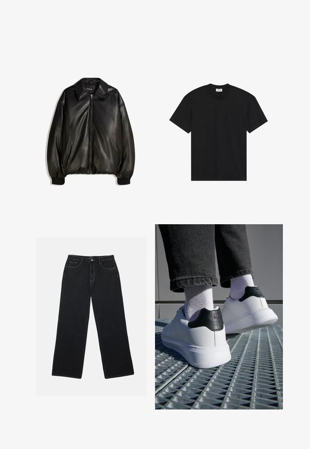 Crna kožna jakna s patentnim zatvaračem, velikim ovratnikom, rebrastim manžetama i opuštenim krojem. Glatka tekstura s minimalnim detaljima.; Crna kratka majica s kratkim rukavima od pamuka. Ima klasičan okrugli izrez i opušteni kroj bez vidljivih uzoraka ili naglasaka.; Crne široke traperice imaju visok struk, prednje džepove i kontrastne šavove. Tkanina ima glatku, blago teksturiranu površinu.; Bijele tenisice s crnim detaljem na peti koji sadrži dizajn nasmijanog lica, od glatke kože, ravnim gumeni potplat i teksturiranim detaljima.