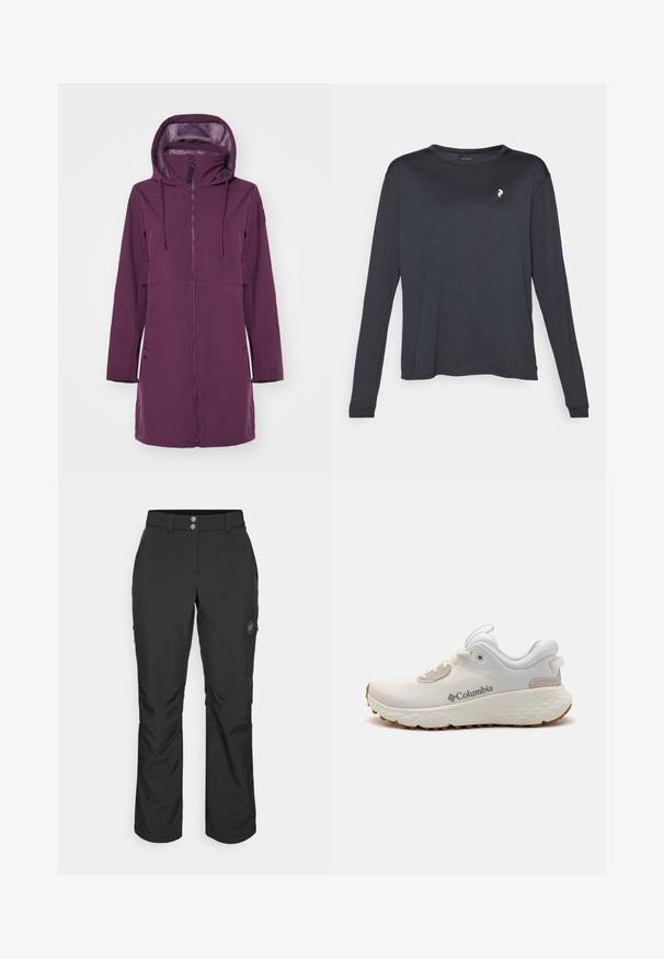 Jachetă moale purpurie, cu guler înalt și glugă. Dispune de un fermoar în față, două buzunare laterale și șnururi ajustabile la glugă.; Tricou negru cu mânecă lungă, realizat dintr-un material texturat, cu guler rotund și un mic logo alb pe partea stângă a pieptului.; Pantaloni negri de exterior cu croi drept, prevăzuți cu închidere cu un buton, buzunare laterale cu fermoar și o etichetă cu logo pe coapsa stângă.; Pantofii sport Columbia, ușori, din plasă albă, cu o talpă texturată gri și tracțiune din cauciuc. Prezintă o margine căptușită și un design cu șireturi.