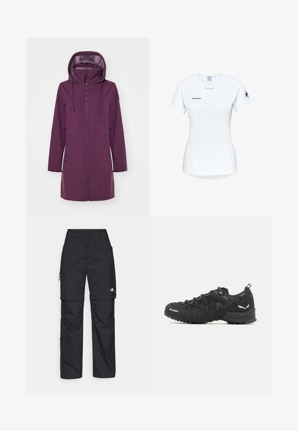 Paarse softshell jas met een hoge kraag en capuchon. Voorzien van een ritssluiting aan de voorkant, twee zijzakken en verstelbare trekkoorden in de capuchon.; Korte mouwen witte sportshirt met een ronde halslijn, voorzien van een logo op de borst en een gladde, lichte stoftextuur.; Zwarte nylon cargo broek met afneembare pijpen, verstelbare manchetten, meerdere zakken en een logo op het rechterbeen. Gladde, lichte textuur.; Zwarte wandelschoenen met een bovenkant van textuurstof, een vetersysteem en een robuuste rubberen zool. Verfraaid met reflecterende details en logo's.