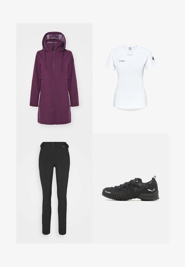 Purple softshell jacket with a high collar and hood. Features a front zipper, two side pockets, and adjustable drawstrings at the hood.; Short-sleeve white athletic shirt with a round neckline, featuring a logo on the chest and a smooth, lightweight fabric texture.; Black, fitted pants made from a flexible material. Features include a zippered side pocket, articulated knees, and a smooth texture.; Black hiking shoes with a textured fabric upper, lacing system, and rugged rubber sole. Accented with reflective details and logos.