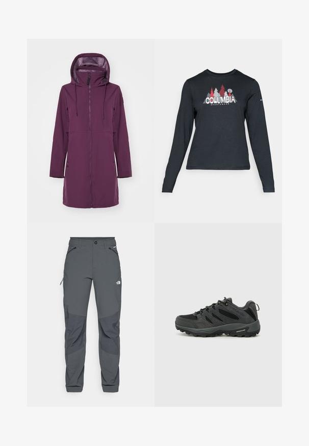 Violetinė minkšta striukė su aukštu apykakle ir kapišonu. Yra priekinis užtrauktukas, dvi šoninės kišenės ir reguliuojamos raišteliai kapišone.; Ilga rankovė tamsiai pilka marškinėliai su raudonų medžių ir kalnų grafika; drąsaus baltos spalvos teksto "COLUMBIA" logotipas. Minkšta medžiaga, standartinis apvalus kaklas.; Tamsiai pilkos lauko kelnės su sustiprintomis kelio kišenėmis, užtrauktukais šoninėse ir priekinėse kišenėse, mygtuko uždarymu ir The North Face logotipu ant šlaunies.; Columbia REDMOND - Turistiniai batai - black/citron haze