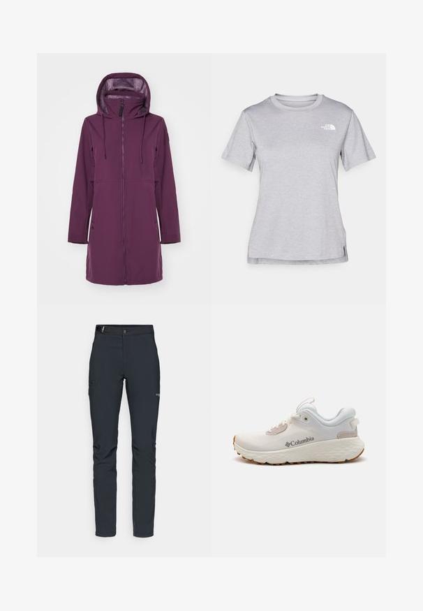 Violetti pehmeäkuorijakku, jossa on korkea kaulus ja huppu. Sisältää etuvetoketjun, kaksi sivutaskua ja säädettävät nyörit hupussa.; Harmaa lyhythihainen t-paita, joka on valmistettu pehmeästä, kosteutta siirtävästä kankaasta. Siinä on pyöreä kaula-aukko ja pieni valkoinen logo vasemmassa yläkulmassa.; Miestne vonkajšie nohavice, tmavo šedé, vyrobené z flexibilného materiálu, s opaskom, zipsovými vreckami a zosilneným šitím.; Kevyt Columbia urheilukenkä valkoisesta verkkokudoksesta, jossa on teksturoitu harmaa pohja ja kuminen pito. Varustettu pehmustetulla nilkkaremmillä ja nauhakiinnityksellä.