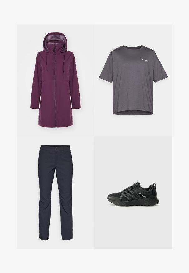 Paarse softshell jas met een hoge kraag en capuchon. Voorzien van een ritssluiting aan de voorkant, twee zijzakken en verstelbare trekkoorden in de capuchon.; Grijze T-shirt met korte mouwen van gladde stof. Heeft een ronde halslijn en een klein logo dat op de borst is gedrukt.; Navyblauwe broek van gladde stof, met een sluiting aan de voorkant met een knoop, slim-fit ontwerp en geplooide details bij de knieën.; Columbia PEAKFREAK - Outdoorschoenen - black
