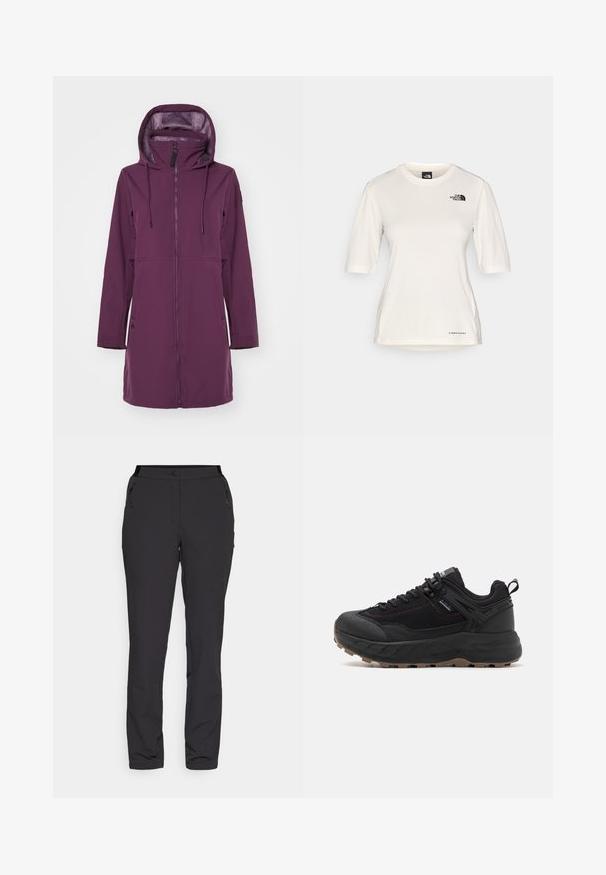 Veste softshell violette avec un col montant et une capuche. Comprend une fermeture éclair à l'avant, deux poches latérales et des cordons de serrage réglables à la capuche.; The North Face SHADOW SHORT SLEEVE - T-shirt de sport - white dune; Pantalons de plein air noirs, en tissu léger, avec une coupe droite, des poches latérales zippées et une taille ajustable.; Chaussures de sport noires avec une tige en cuir texturé et en tissu, semelle à motif, embout renforcé et système de lacets ajustable.