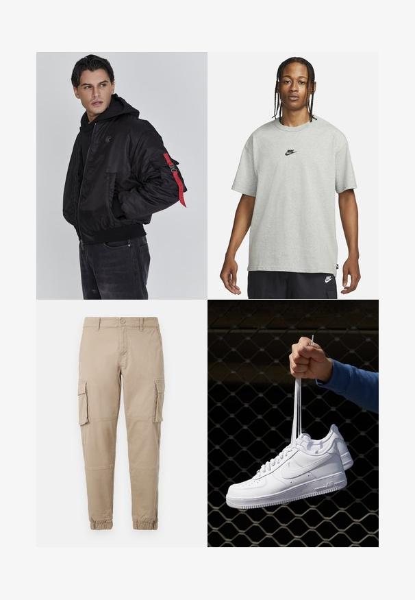 Moški nosi črno bombersko jakno z rdečim trakom na rokavu in črno kapuco, gleda levo pred enobarvno sivo ozadje.; Mlad človek z zasebnimi lasmi, oblečen v svetlo sivo majico Nike in črne kratke hlače Nike pred enostavno belo kuliso.; Bežne cargo hlače iz lahkega bombažnega materiala. Imajo elastične manšete, več stranskih žepov in gumbasto zapiranje.; Bela usnjena športna obutev s perforacijami, okroglo konico, ravnim podplatom in debelimi vezalkami, z vidnim logotipom smoosh in napisom "AIR" na peti.