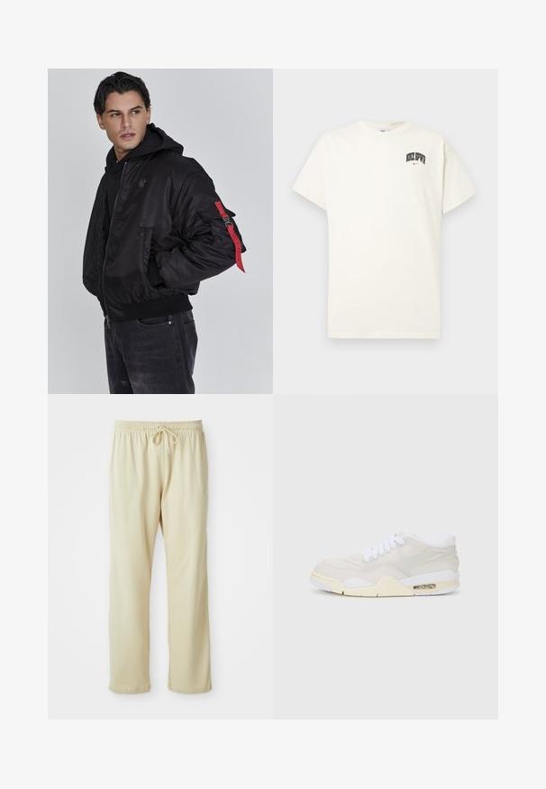 Muškarac u crnoj bomber jakni s crvenim detaljima na rukavu i crnom kapuljačom, gleda ulijevo protiv jednostavne sive pozadine.; Pamučni majica boje kreme s kratkim rukavima, na prsima ima natpis "NIKE SB" u crnoj i crvenoj boji. Standardni okrugli izrez.; Svijetlosmeđi trenirci s pojasom i zavrzlom, sužavajućim nogavicama i mekom teksturom. Imaju diskretni logo brenda na donjem dijelu noge.; Tenisice s gornjim dijelom od svijetlosmeđeg sintetičkog materijala, bijelim vezicama i vidljivim jastučićima. Imaju glatki potplat i suptilne bočne akcentne detalje.